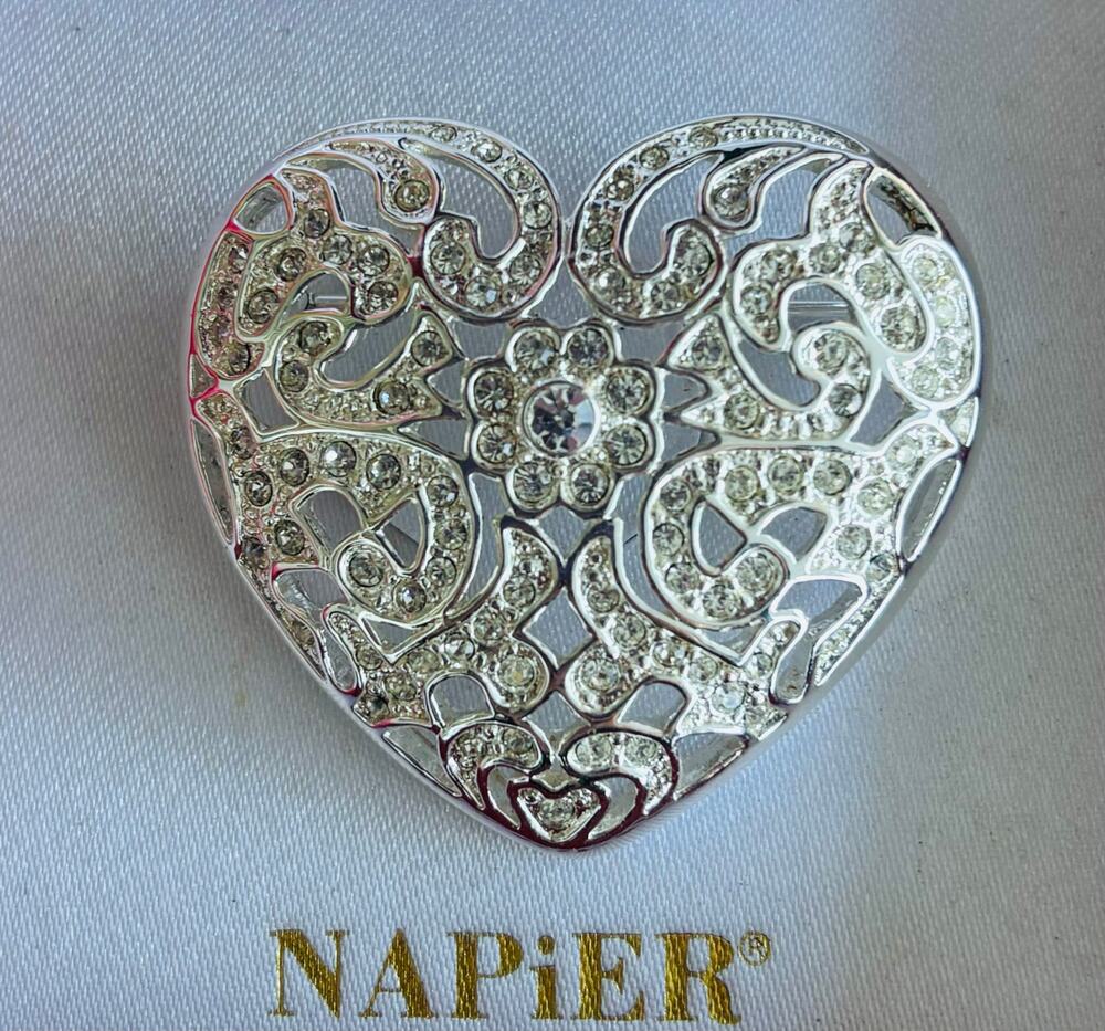 Vintage Napier Silver Heart & Rhinestone Brooch Vintage
